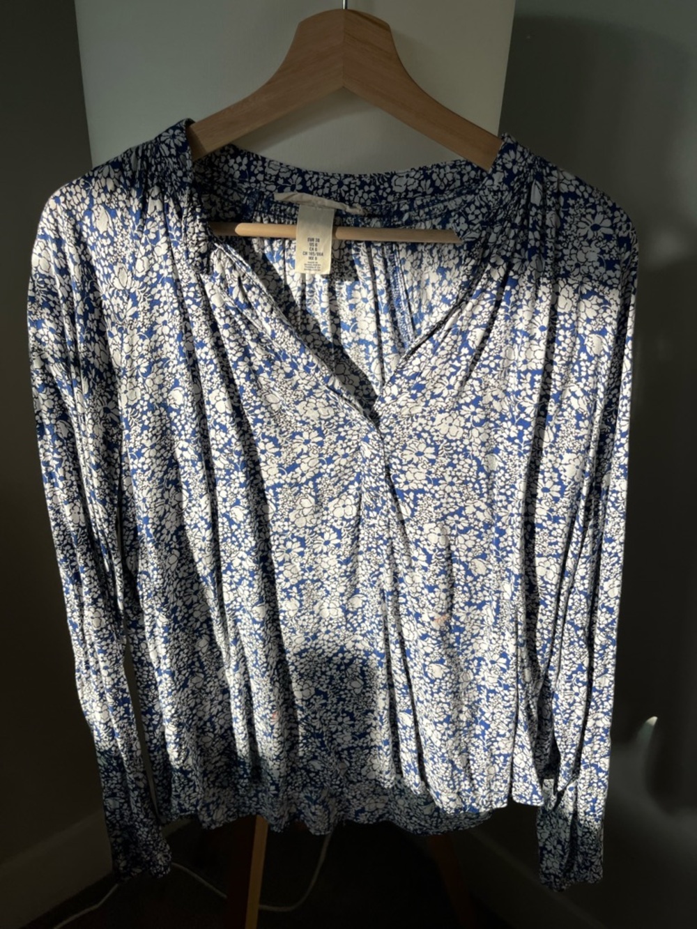 Blue and White Floral V-Neck Long-Sleeve Blouse